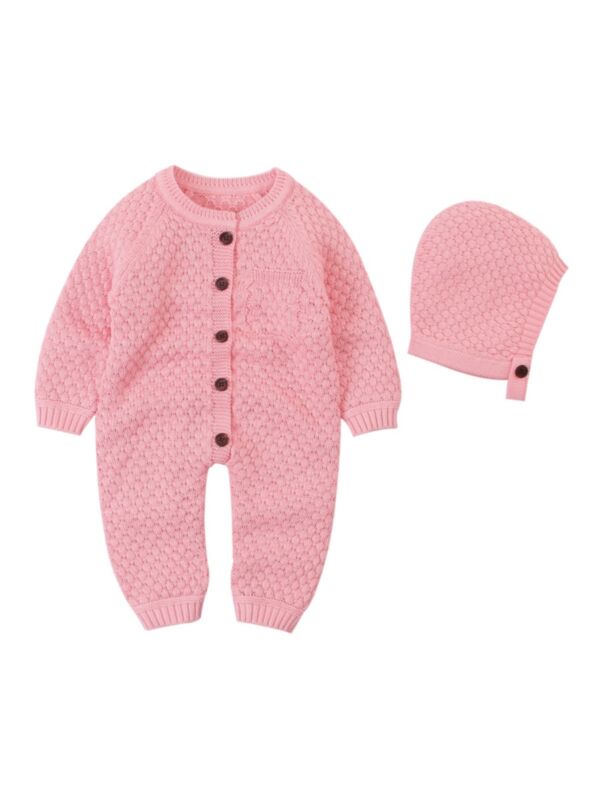 Knitted Button Front Baby Jumpsuit And Hat 21080865