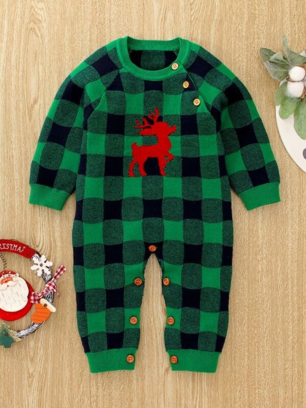 Christmas Elk Checked Baby Knit Jumpsuit 21080869