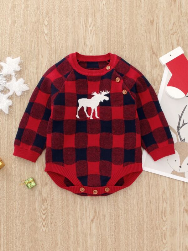 Checked Elk Christmas Knitted Baby Bodysuit 21080870
