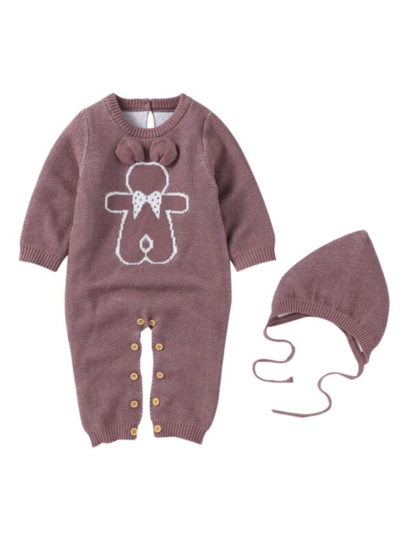 Bear Print Knit Baby Jumpsuit And Hat 21080877