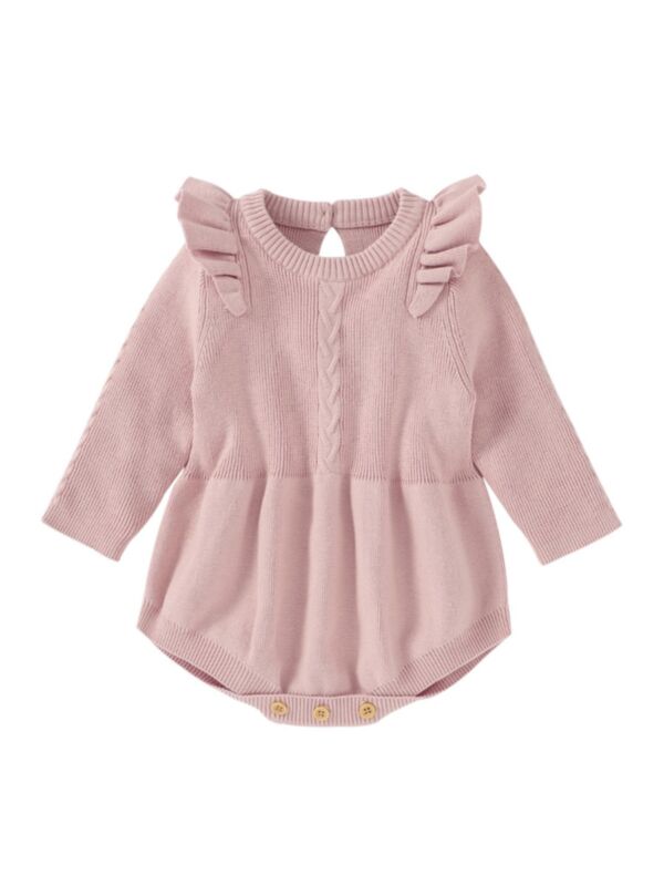 Long Sleeve Solid Color Ruffle Decor Knit Baby Girl Bodysuit 21080879
