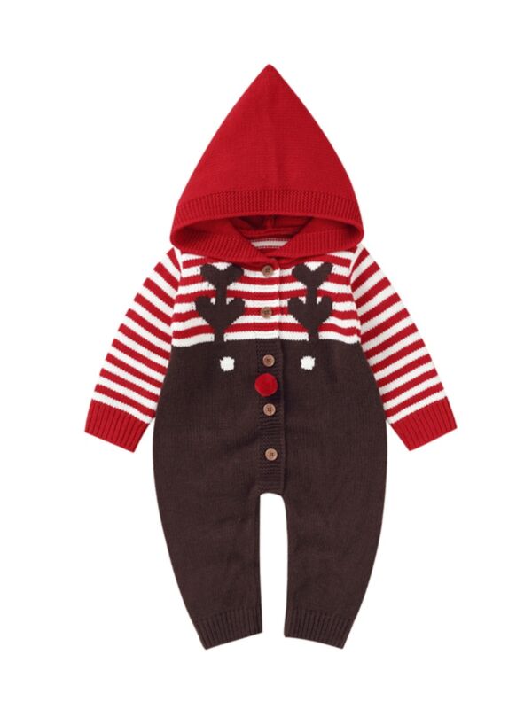 Christmas Striped Elk Knit Hooded Baby Jumpsuit 21080897