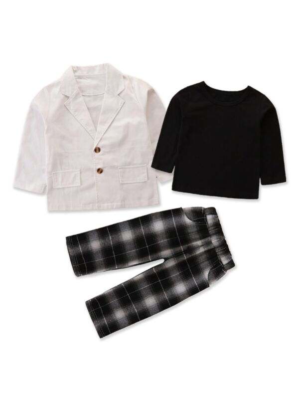 Three Pieces Solid Jacket & Top & Plaid Pants Wholesale Girls Fashion Clothes Sets
white