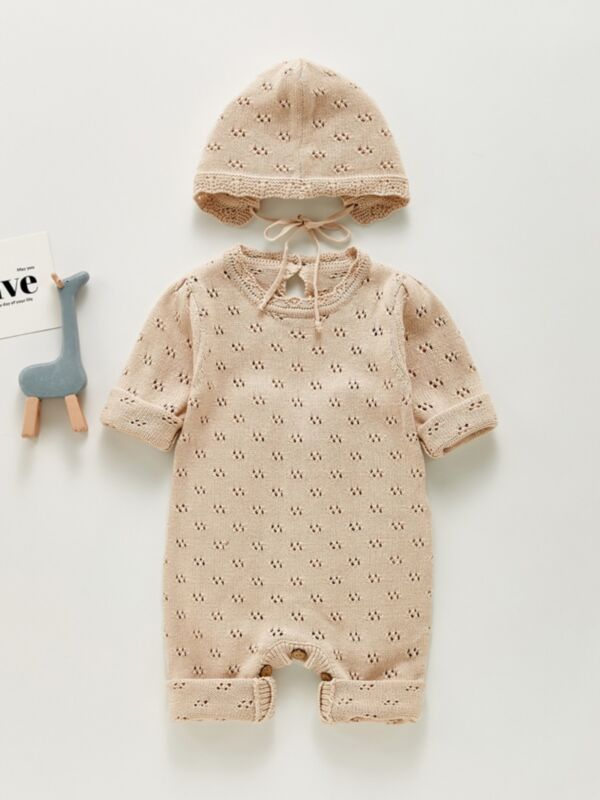 Plain Hollow Out Baby Jumpsuit With Hat 210810449