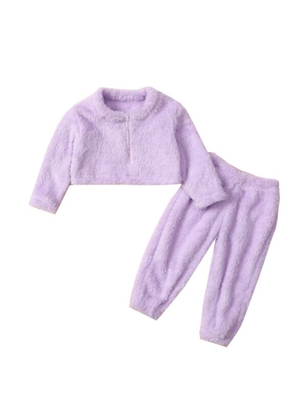 Two Pieces Solid Color Coral Fleece Wholesale Little Girl Clothing Sets Crop Top With Trousers 210812173