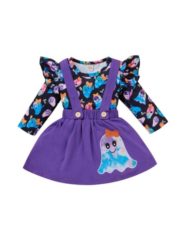 Two Pieces Ghost Print Halloween Toddler Girl Set Top With Suspender Skirt 210812696