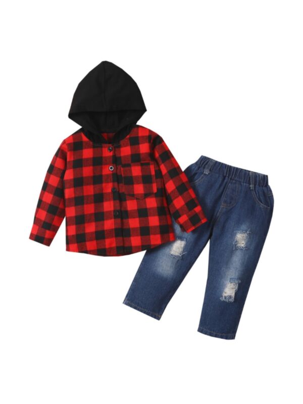 Two Pieces Wholesale Boy Clothing Sets Checked Hoodie Shirt With  Ripped Jeans 210812793
