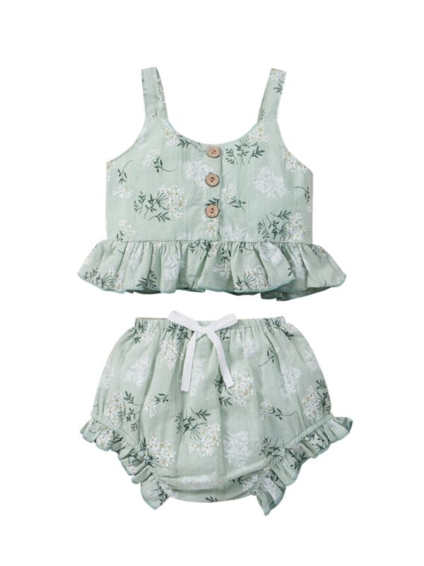Flower Print Ruffle Hem Cami Top Matching Short Girls Sets 210812812