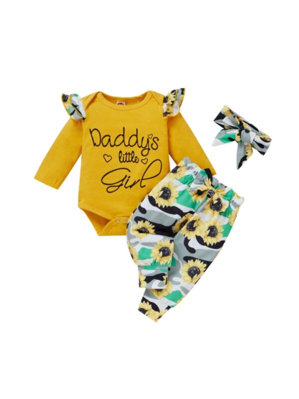 3 Pieces Daddy's Little Girl Sunflower Print Baby Girls Sets Bodysuit & Pants & HeadbMatching 210812834