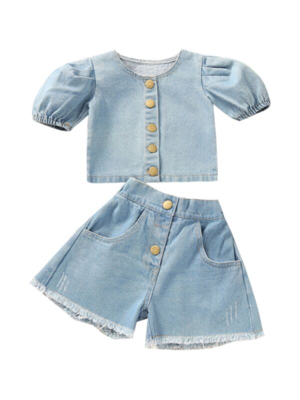 2 Pieces Denim Wholesale Little Girl Clothing Sets Button Puff Sleeve Top With  Fringe-Hem Shorts 210813277
