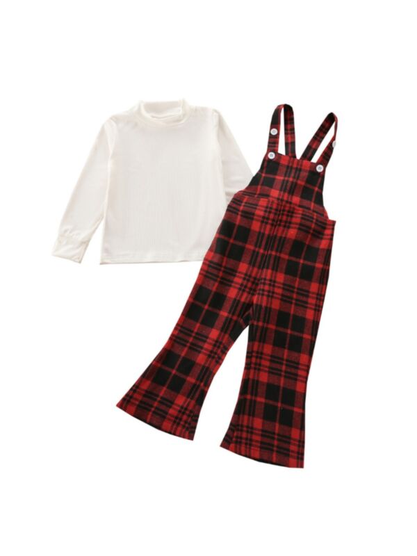 Two Pieces Wholesale Little Girl Clothing Sets Turtle Neck Top With  Plaid Suspender Pants 210813847