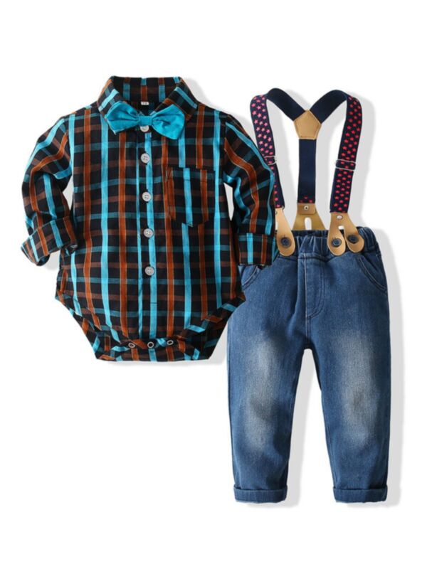 Toddler Boys Outfits Checked Bowtie Bodysuit With Suspender Jeans 210814189