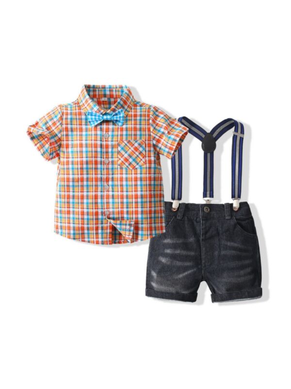 Checked Print Bowtie Shirt Kid Boys Suit Sets Wholesale Boy Clothes 210814277