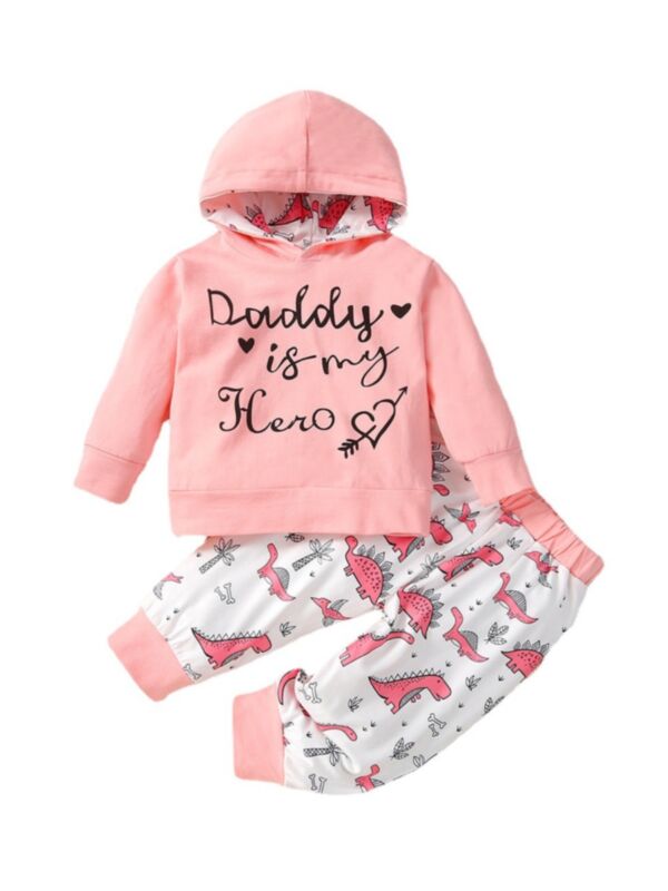  Daddy Is My Hero Dinosaur Print Wholesale Baby Girls Clothes Sets Hooded Pants 210816011