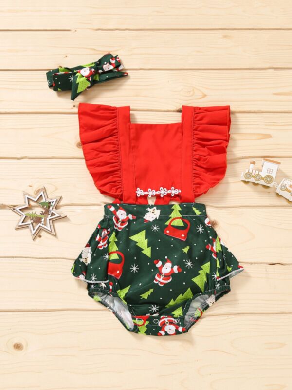 Christmas Flutter Sleeve Baby Girl Bodysuit With Headband Cute Baby Clothes Wholesale 210816350