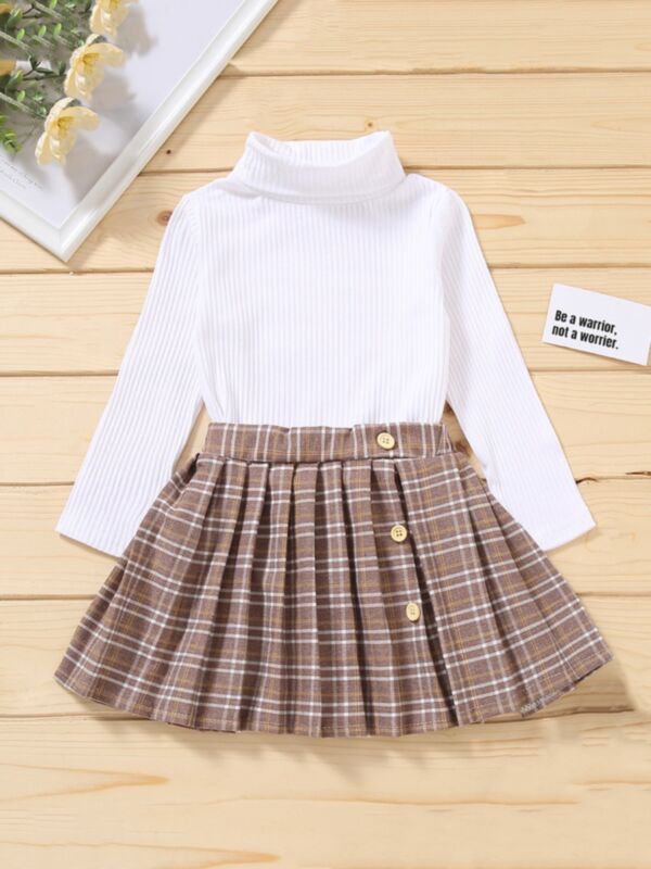 High Neck Top And Plaid Pleated Skirt For Toddler Girl Wholesale Girls Clothes Sets 210816508