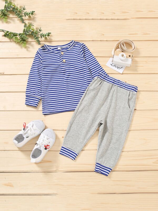 Striped Print Wholesale Toddler Clothes Sets Half Button Top With  Pants 210816552