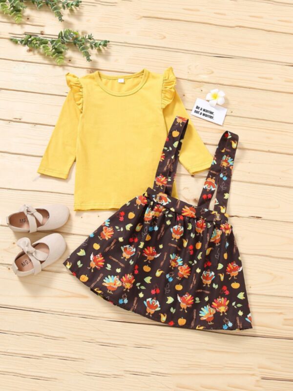 Thanksgiving Day Flutter Sleeve Top And Turkey  Suspender Skirt Wholesale Baby Clothing Sets 210816687