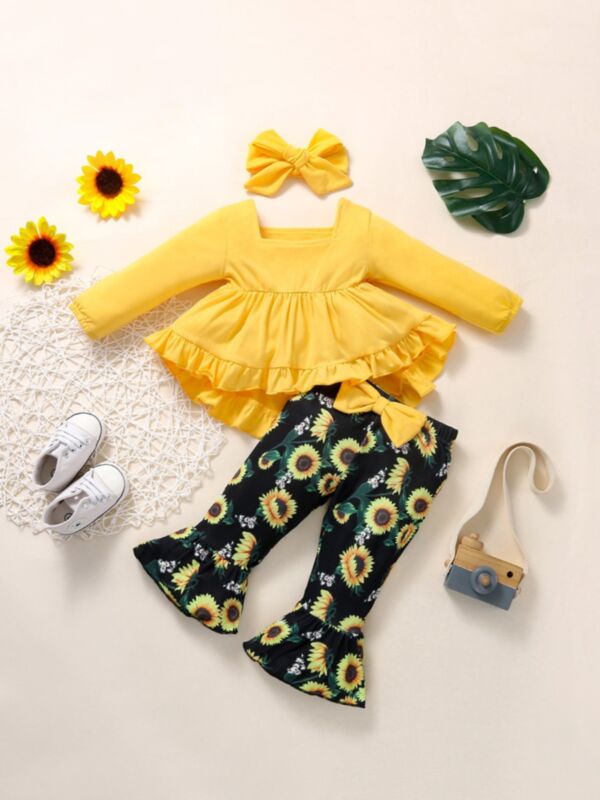 Sunflower Print Ruffle High Low Top And Flared Pants With Headband Wholesale Baby Clothes Sets 210816726