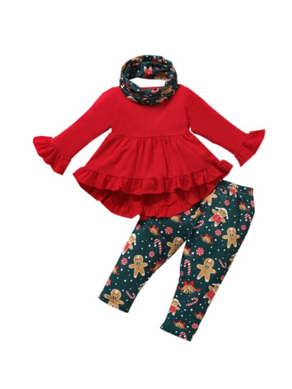 Christmas Print Ruffle Hi Lo Hem Top And Pants With Headband Cute Toddler Girl Clothes Wholesale 210817026