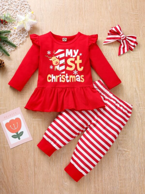 My 1st Christmas Striped Print Wholesale Girls Clothes Sets Top Trousers Headband 210821660