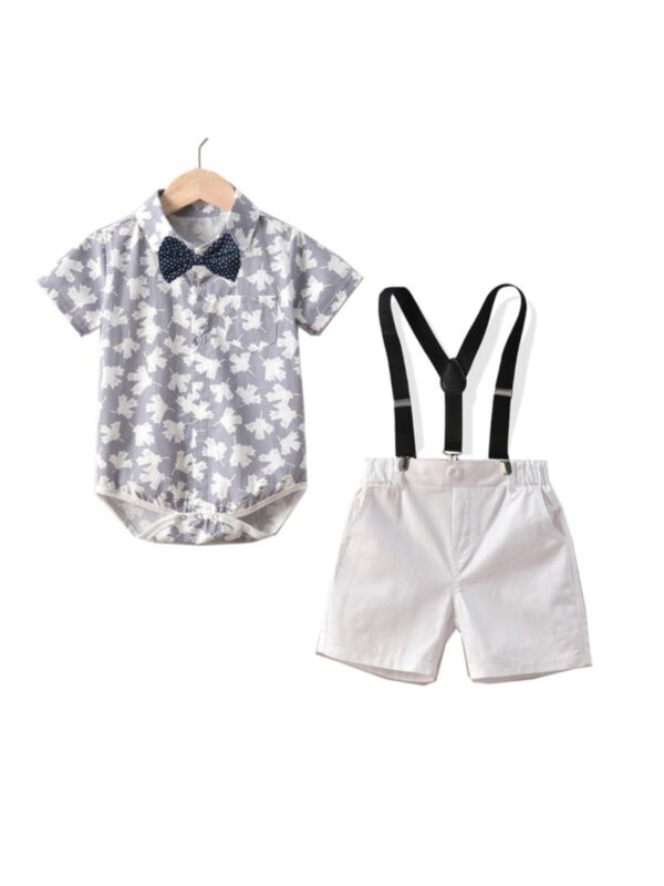 Maple Leaf Bowtie Bodysuit And Suspender Short Baby Boy Sets Wholesale Baby Clothes 210819095