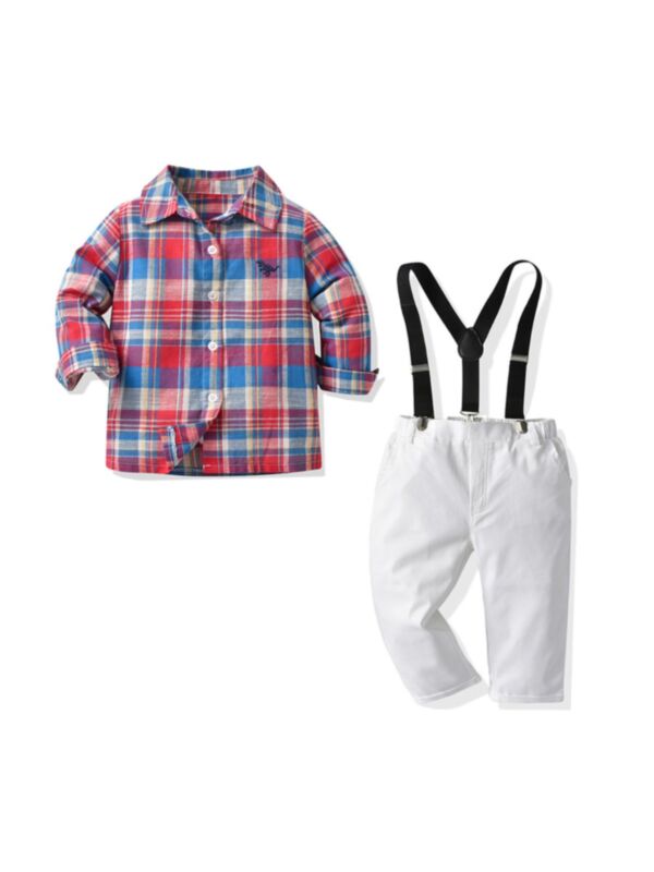 Checked Dinosaur Kid Boys Outfit Sets Wholesale Boy Clothes 210819485