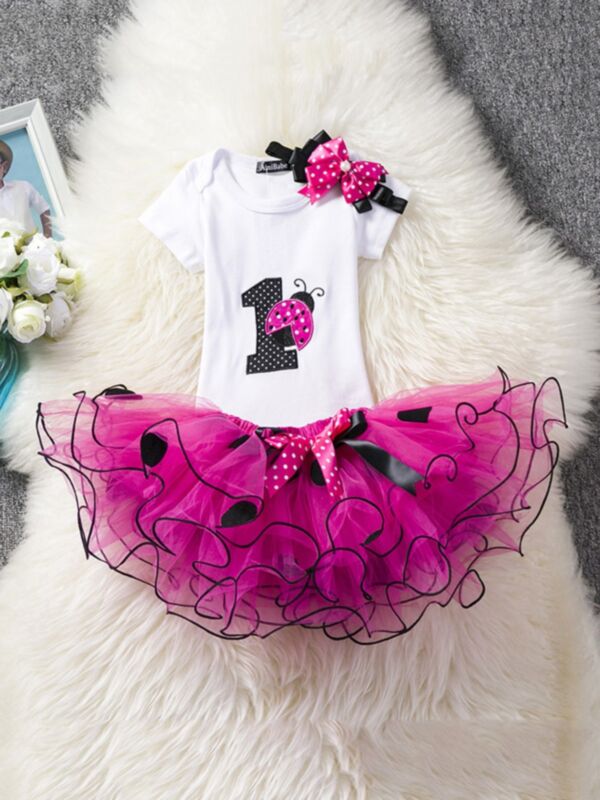 3 Pieces Birthday  Baby Girl Clothing Sets Ladybug Number Print Bodysuit And Mesh Skirt 210820566