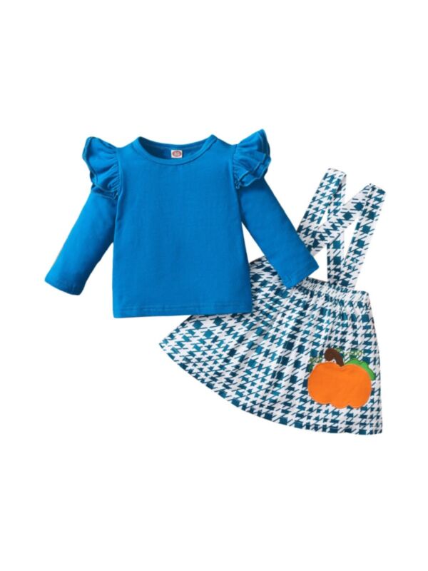 Wholesale Little Girl Clothing Sets Plain Flutter Sleeve Top With Houndstooth Suspender Skirt 21082257