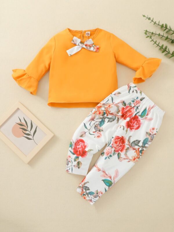 Flared Sleeve Top And Flower Pants Baby Girl Outfits Sets Wholesale Baby Clothes 210824009