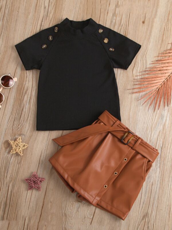 Ribbed Button Top And Leather Skirt Kid Girls Sets Wholesale Girls Clothes 210824220