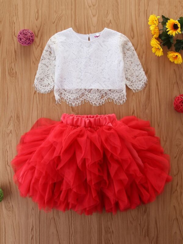 Lace Crop Top And Mesh Skirt Kid Girls Outfits Sets Wholesale Girls Clothes 210825062