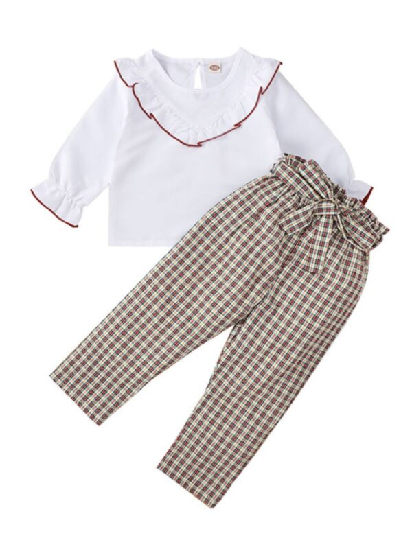 Ruffle Trim Top And Plaid Trousers Kid Girls Outfits Sets Wholesale Girls Fashion Clothes 210826296