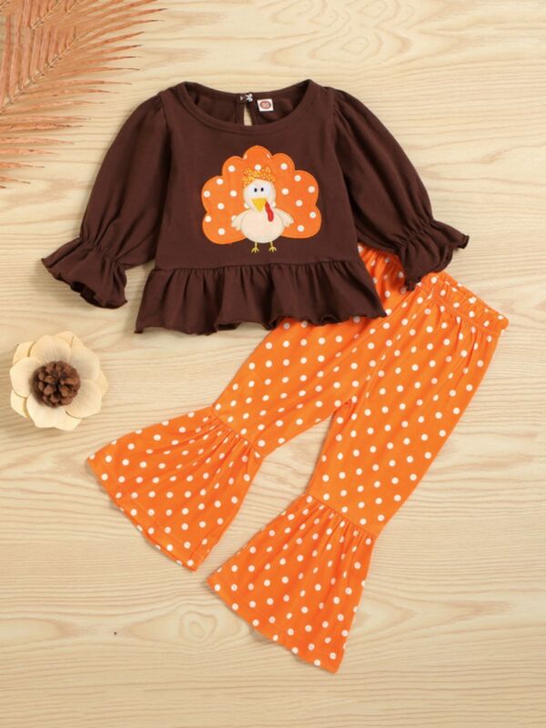 Thanksgiving Turkey Print Ruffle Hem Top & Polka Dots Leopard Flared Pants Wholesale Girls Clothes Sets 210826518