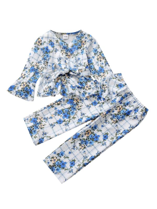 Flower Plaid Flared Sleeve Cardigan & Pants Kid Girls Pjs Set Wholesale Girls Clothes 210826714