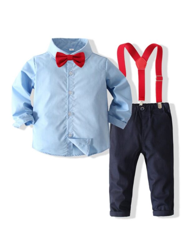 Boys Suit Sets Solid Color Bowtie Shirt & Suspender Pants Wholesale Boy Clothing 210827589