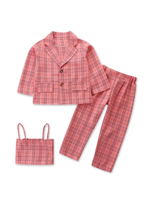 Checked Print Jacket & Pants & Cami Top Wholesale Girls Fashion Clothes Sets 210830381
