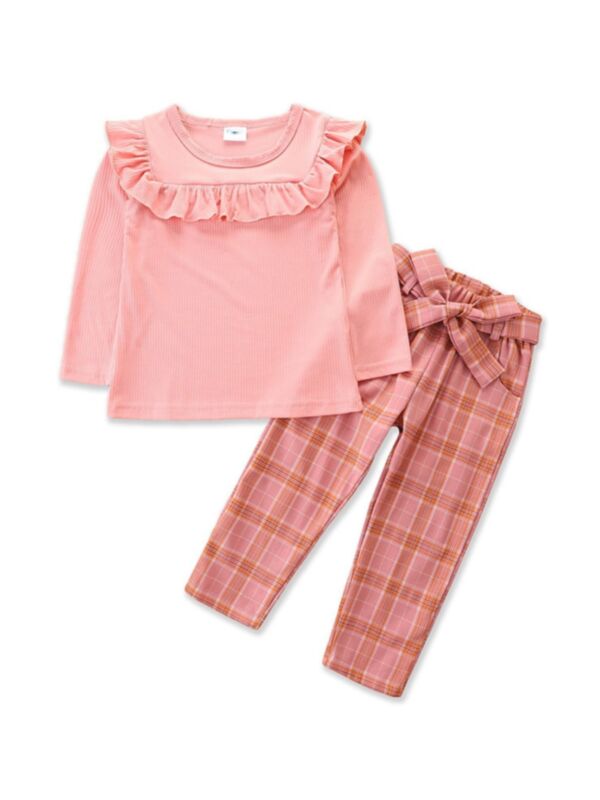 Ruffle Trim Top And Plaid Pants Kid Girls Outfits Sets Wholesale Girls Clothes 210830736