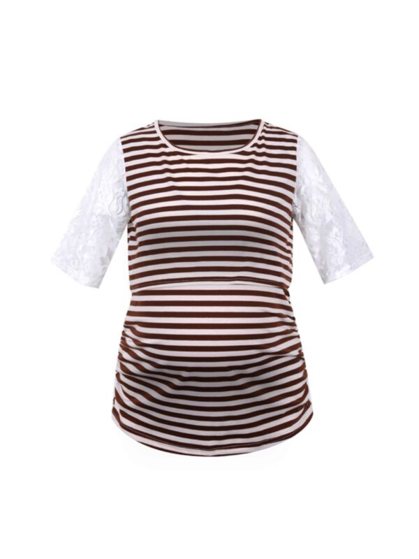 Striped Lace Sleeve Maternity Nursing T-shirt 210830829