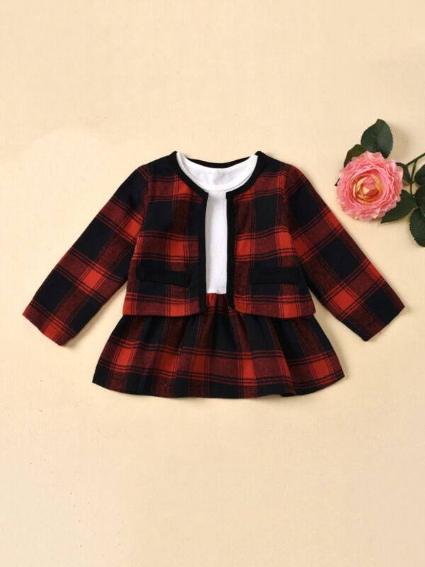 Checked Print Cardigan & Stitching Dress Kid Girls Clothing Sets Fashion Girl Wholesale 210902164