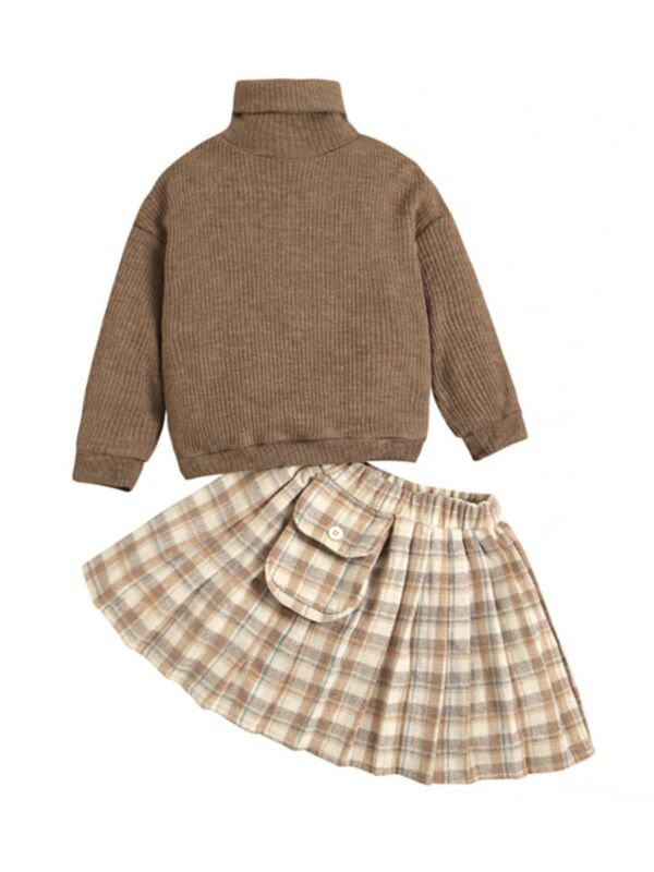 Two Pieces Girl Set Turtle Neck Top With Checked Skirt Wholesale Girls Clothes 210902345