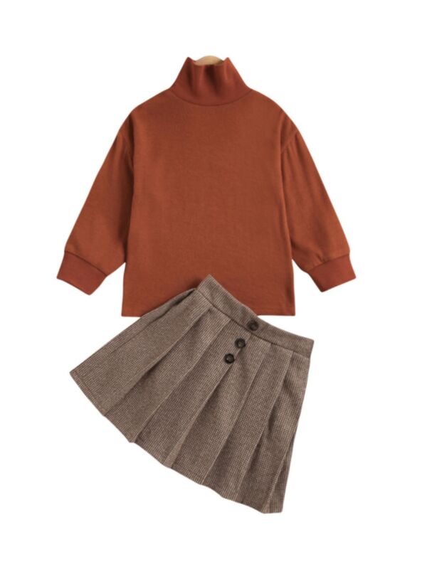 Two Pieces Girl Set Turtle Neck Top With Pleated Skirt 210902397