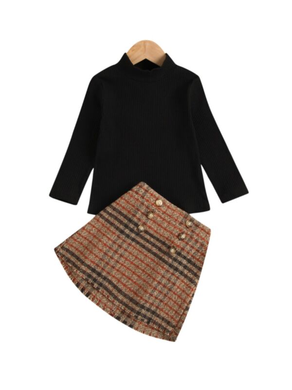 Two Pieces Girl Set Turtle Neck Top With Checked Hi Lo Hem Skirt 210902446