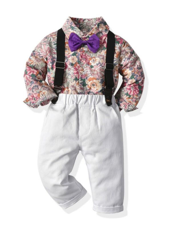 Boys Suit Sets Flower Print  Bowtie Shirt & Suspender Pants  210902534