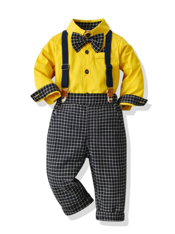 Bowtie Shirt & Plaid Suspender Pants Wholesale Boy Clothes Sets 210902808