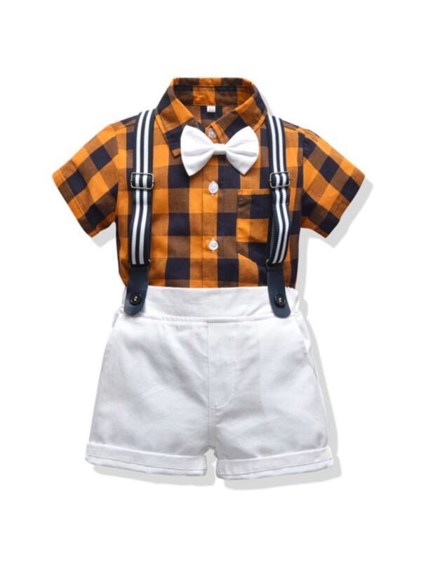 Checked Shirt And White Suspender Shorts Little Boys Suit Sets
yellow