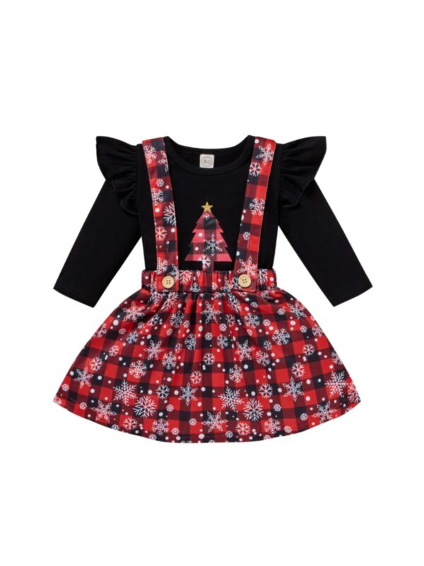  2 Pieces Xmas Girls Sets Top And Snowflake Print Suspender Skirt 210903644