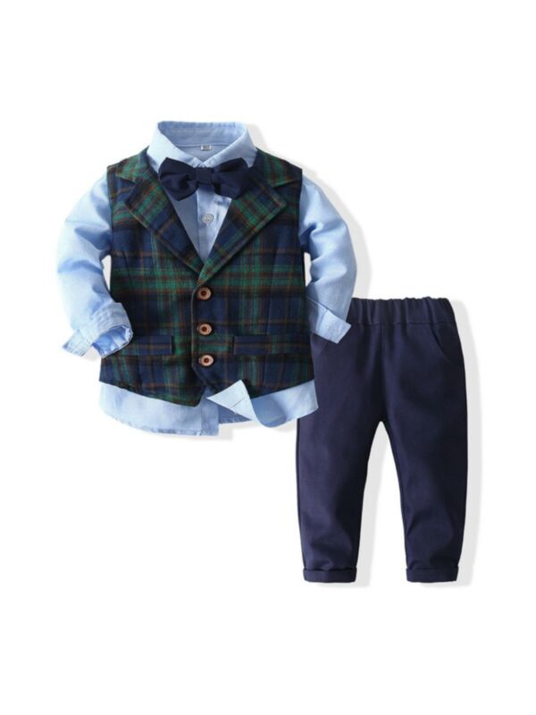 Boys Suit Sets Checked Vest Shirt And Pants 
blue
