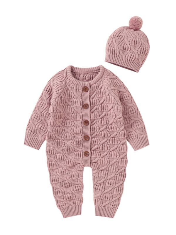 Solid Color Button Knit Jumpsuit With Hat Baby Rompers Wholesale 21090505