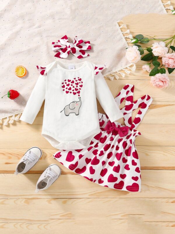 Girl Elephant Love Heart Print Bodysuit & Suspender Skirt Wholesale Baby Clothes Sets 210909221